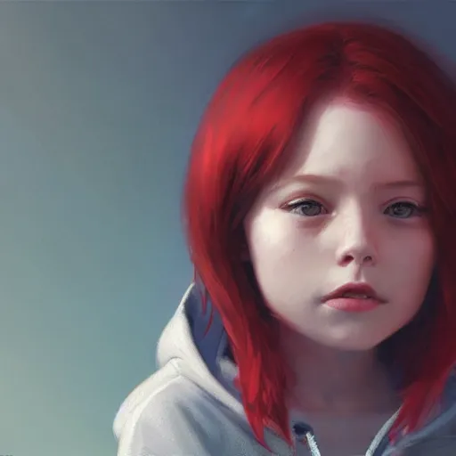 Image similar to a tiny girl with short red hair wearing a hoodie, digital art, cute face, very beautiful face, pretty face, very detailed eyes, full body illustration, 8 k resolution, soft painting, by greg rutkowski, wlop, rossdraws,