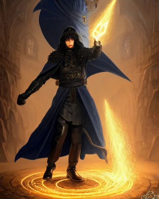 Prompt: handsome mage fighting a golem, long black hair blue eyes wearing leather mantle gothic navy cloak with gold details, castle town, fantasy character portrait, ultra realistic, intricate, elegant, cinematic lighting, highly detailed, digital painting, artstation, smooth, sharp, focus, illustration, art by artgerm and greg rutkowski and alphonse mucha