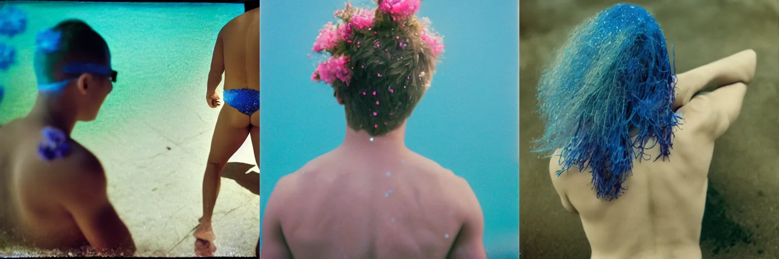 Prompt: portrait of a college student wearing flowers in his blue colored, glittering hair, seen from behind with speedo after swimming, glittern water on skin, experimental analog photography, lomo, softfocus, inspired by henry scott tuke and carravagio