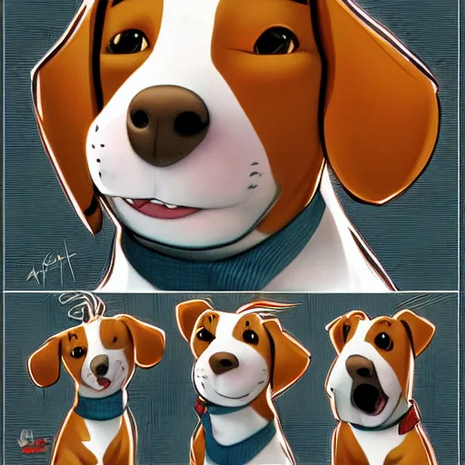 Image similar to jack russel terrier character surprised, pixar, disney, concept art, character sheet, trending on artstation, graphic novel, childrens illustrated storybook, by alphonse mucha and cory loftis and matthias lechner