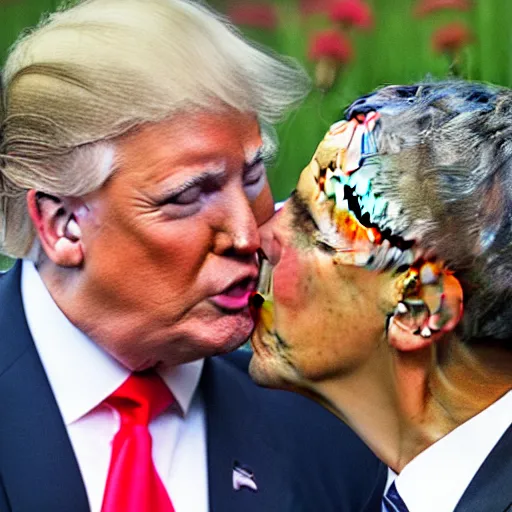 Prompt: a photograph of Barack Obama and Donald trump kissing each other