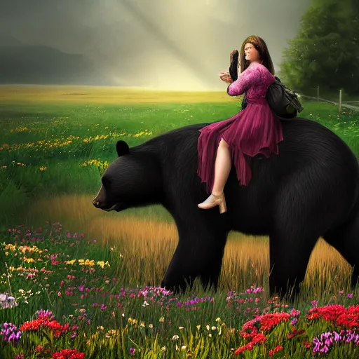 Image similar to girl riding a giant black bear in a field of flowers, trending on artstation