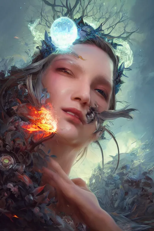 Image similar to face closeup of beautiful girl necromancer, witch - doctor exploding into flowers, angels, 3 d render, hyper - realistic detailed portrait, holding fire and electricity, ruan jia, wlop. scifi, fantasy, magic the gathering, hyper detailed, octane render, concept art, peter mohrbacher