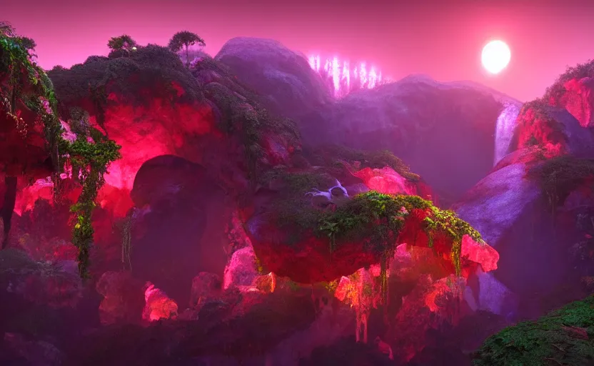 Prompt: a beautiful and stunning digital render of a humongous ruby cave, dimly glowing crystals, vines, haze, waterfall, volumetric lighting, photorealistic, red sky, sunset, unreal engine 5, ultra detail, trending on artstation