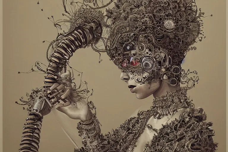 Image similar to beautifully stunning Rococopunk woman_integrating_with_technology_full_face_insipiring_detailed_intricate_ornate_cables_connected_to_head_big_open_electric_eyes_ the_singulairty is now by Hironaka, Harumi