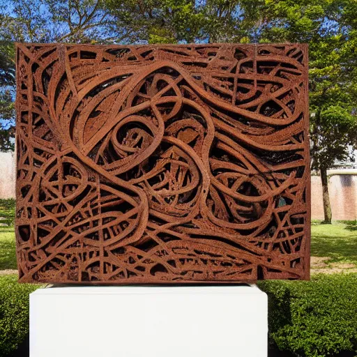 Image similar to a highly detailed 4 k photorealistic abstract design of an sculpture built on corten steel in style of eduardo chillida, jorge oteiza, agustin ibarrola