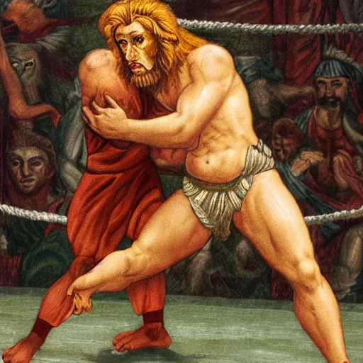 Prompt: Biblical Samson wrestling lion