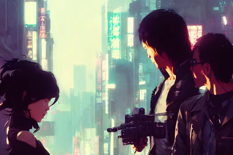 Image similar to hyper - realistic cinematic shot of cyberpunk romantic couple, extreme detail, in style of pan ren wei, yoji shinkawa, atey ghailan, ilya kuvshinov, by greg rutkowski, by greg tocchini, by james gilleard, by joe fenton, by kaethe butcher, grunge aesthetic