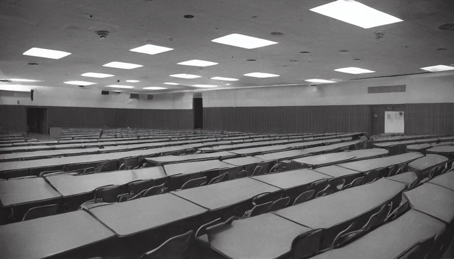 Image similar to 60s movie still of a sovietic stalinist style empty congress room, cinestill 800t 50mm eastmancolor, liminal Space style, heavy grain-s 150