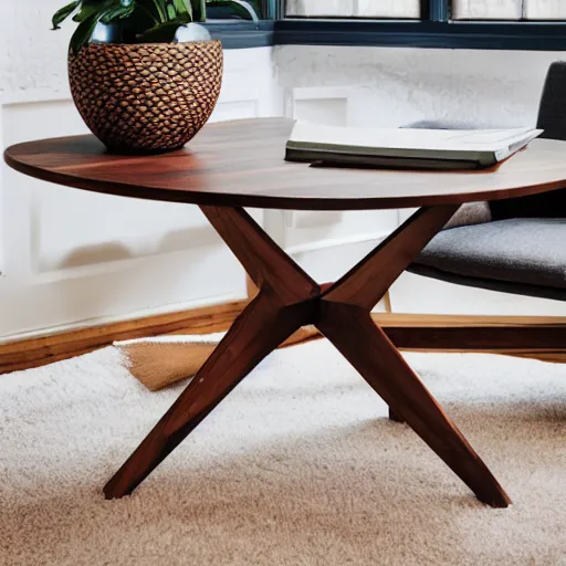 Prompt: an impractical spherical wooden table, magazine product photo