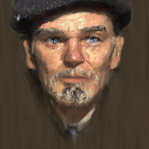 Prompt: Portrait of an oldman using a beret siting in a bar, looking to the camera, artwork by Craig Mullins, black background, trending on artstation, its night, with dramatic cinematic candle light