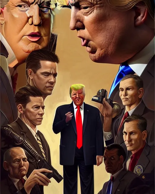 Prompt: Portrait of Donald Trump & FBI officers at Key Largo,real life skin, intricate, elegant, highly detailed, artstation, concept art, smooth, sharp focus, art by artgerm and greg rutkowski and alphonse mucha