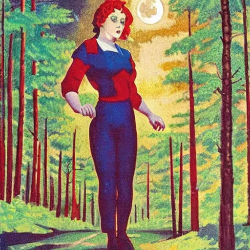 Prompt: girl with red hair and blue eyes. walking in the forest at night. full moon. hyper detailed. soviet propaganda socialist realism