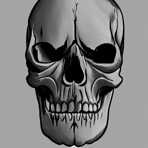 Prompt: digital drawing of a skull grabbing a tombstone, big head, black and white, trend on artstation