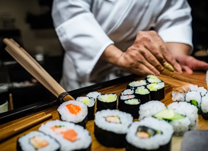 Image similar to a 2 8 mm macro photo from the back of a sushi chef preparing sushi in a commercial kitchen, splash art, movie still, bokeh, canon 5 0 mm, cinematic lighting, dramatic, film, photography, golden hour, depth of field, award - winning, anamorphic lens flare, 8 k, hyper detailed, 3 5 mm film grain