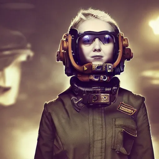Prompt: stoic heroic emotionless short-haired butch blonde woman engineer, wearing steampunk goggles and dirty ripped flight suit, sole survivor on primitive planet, portrait, cinematic, illustration, pulp sci fi, science fiction