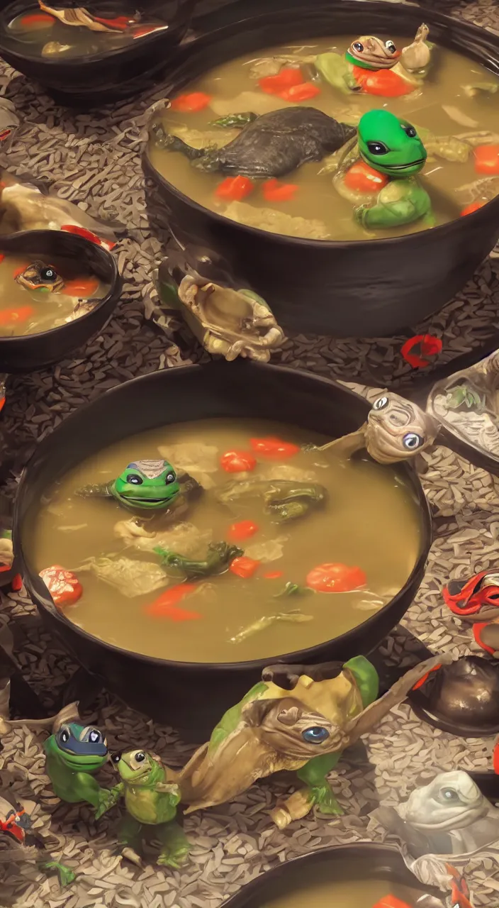 Image similar to little ninja turtles in soup in a chinese restaurant, a chinese man eats this soup, super realistic, super detailed, high octane, photorealistic, rendering 8 k, 8 k octane, unreal engine