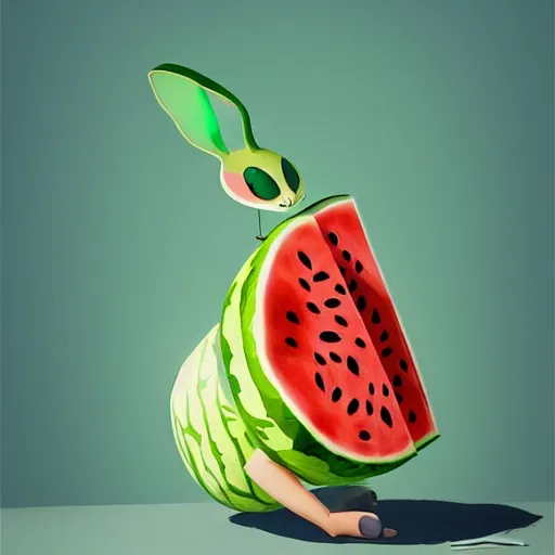 Image similar to Goro Fujita illustrating a rabbit eating a giant watermelon, art by Goro Fujita, sharp focus, highly detailed, ArtStation