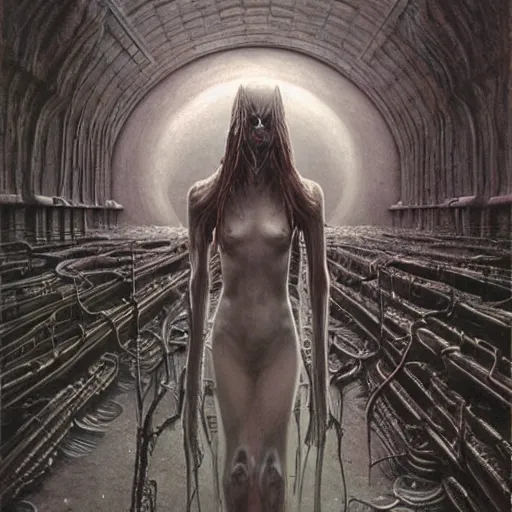 Image similar to Anne hathaway, eldritch terror, cosmic horror, ultra realistic, highly detailed, HD, sharp focus, cinematic lighting, realistic, art by HR Giger, art by Zdzislaw Beksinski