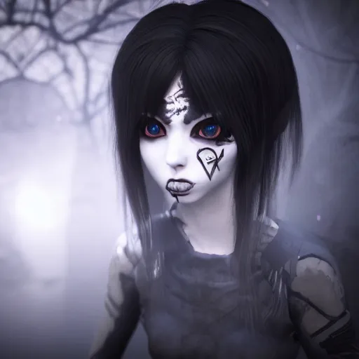 Prompt: full shot portrait of angry darkness anime girl, gothic wearing, worrying eyes, inspired by Tim Burton, detailed, unreal engine 4k volumetric light, fog,