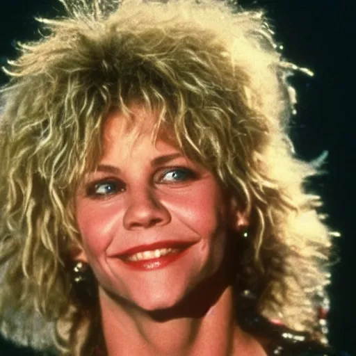 Prompt: Meg Ryan is an 80s rockstar and a member of kiss band