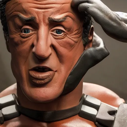 Image similar to animatronic Sylvester Stallone, exposed mechanics, photo, Stan Winston studios, detailed, 4k