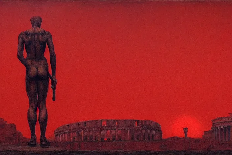 Image similar to only with red, caesar after war, a red tiger, in hoc signo vinces, rome in background, an ancient path, in the style of beksinski, part by hopper, part by rodcenko, part by hofbauer, intricate composition, red by caravaggio, insanely quality, highly detailed, masterpiece, red light, artstation