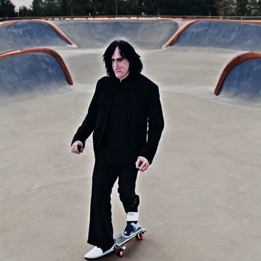 Image similar to Severus Snape skateboarding at the skate park, doing an olly, 4k, DLSR