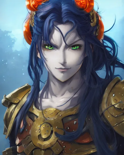 Image similar to An anime portrait of a beautiful D&D half-orc female with long wavy dark blue hair, bright orange eyes, intricate full body armour, fantasy soldier, by Stanley Artgerm Lau, WLOP, Rossdraws, James Jean, Andrei Riabovitchev, Marc Simonetti, and Sakimichan, highly detailed, ultra detailed, golden hour, trending on artstation, cgstudio