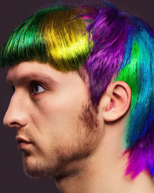 Image similar to a man with metallic multicolored hair, photo portrait