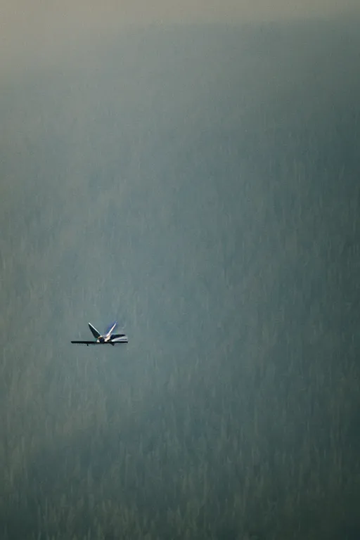 Image similar to Travel Ad, close-up on a plane flying above a drying landscape, forest fire