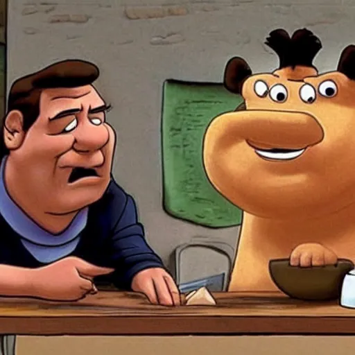 Prompt: fred flintstone talking to a hamster in ancient egypt, on the television show the office