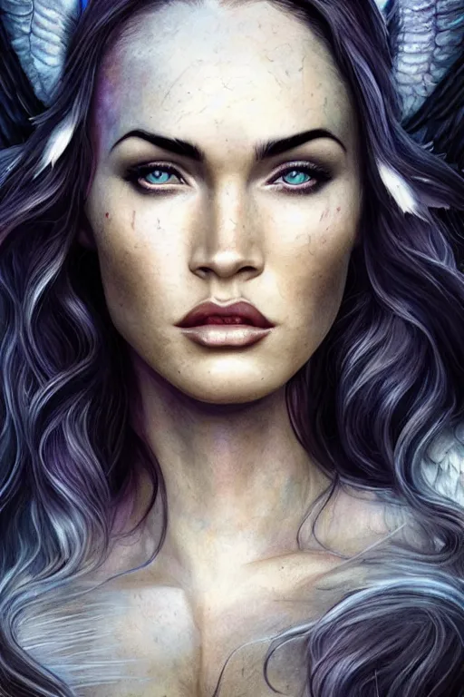 Image similar to majestic and regal portrait of megan fox female white raven, dc universe, perfect face, beautiful, intricate, epic, elegant, fantasy, highly detailed, digital painting, hard focus, beautiful volumetric lighting, epic light, ultra detailed, by leesha hannigan, ross tran, thierry doizon, kai carpenter, ignacio fernandez rios