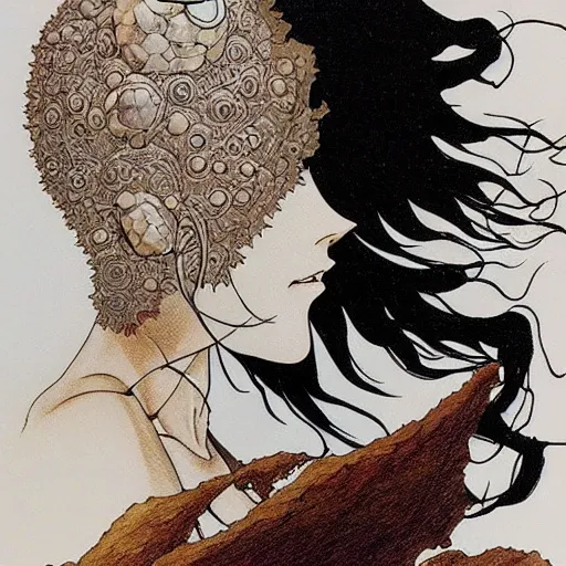 Image similar to prompt: Fragile looking vessel portrait drawn by Katsuhiro Otomo, inspired by Greek Myth, magical and alchemical objects on the side, soft light, white background, intricate detail, intricate ink painting detail, sharp high detail, manga and anime 2000