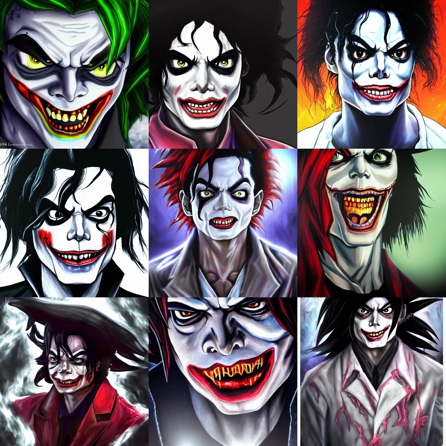 Prompt: michael jackson!!!! realistic dramatic !big face realistic close up concept art of michael jackson joker zombie as a dragon ball Z character,dark eye sockets, graveyard landscape at night , 4k anime character illustration by akira toriyama, artstation