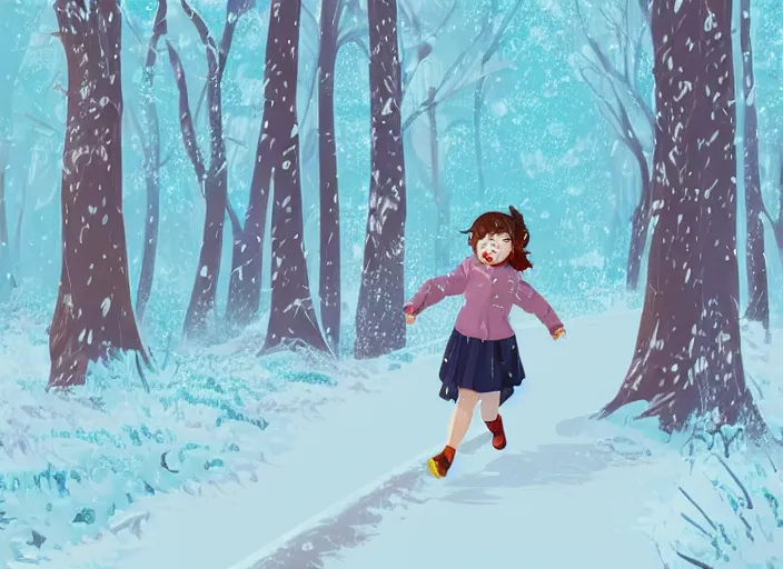 Image similar to little girl with short wavy curly light brown hair running in the snowy forest. clean cel shaded vector art. shutterstock. behance hd by lois van baarle, artgerm, helen huang, by makoto shinkai and ilya kuvshinov, rossdraws, illustration, art by ilya kuvshinov