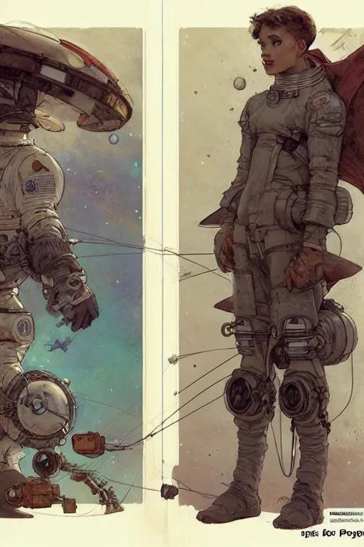 Image similar to comic page layout ( ( ( ( ( 2 0 5 0 s retro future 1 0 year boy old super scientest in space pirate mechanics costume full portrait. muted colors. ) ) ) ) ) by jean - baptiste monge!!!!!!!!!!!!!!!!!!!!!!!!!!!!!!