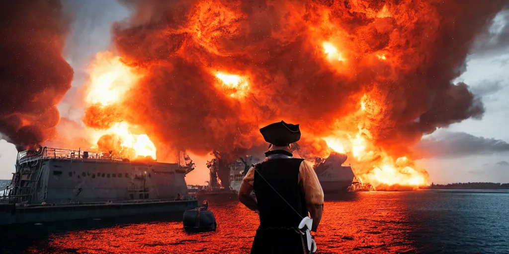 Image similar to a pirate standing on the edge of the ship, big explosion on the background, dramatic atmosphere