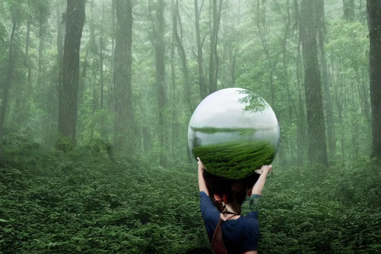 Prompt: a tourist taking a photo of a complex organic fractal 3 d ceramic sphere floating in a lush forest, foggy, cinematic shot, photo still from movie by denis villeneuve