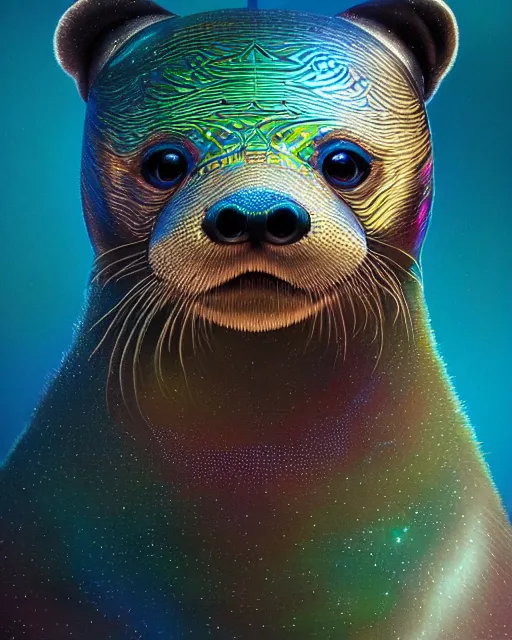 Prompt: highly detailed surreal vfx portrait of a metallic chromatic geometric tribal otter, behance, stephen bliss, unreal engine, greg rutkowski, loish, rhads, beeple, makoto shinkai and lois van baarle, ilya kuvshinov, rossdraws, tom bagshaw, alphonse mucha, global illumination, detailed and intricate environment