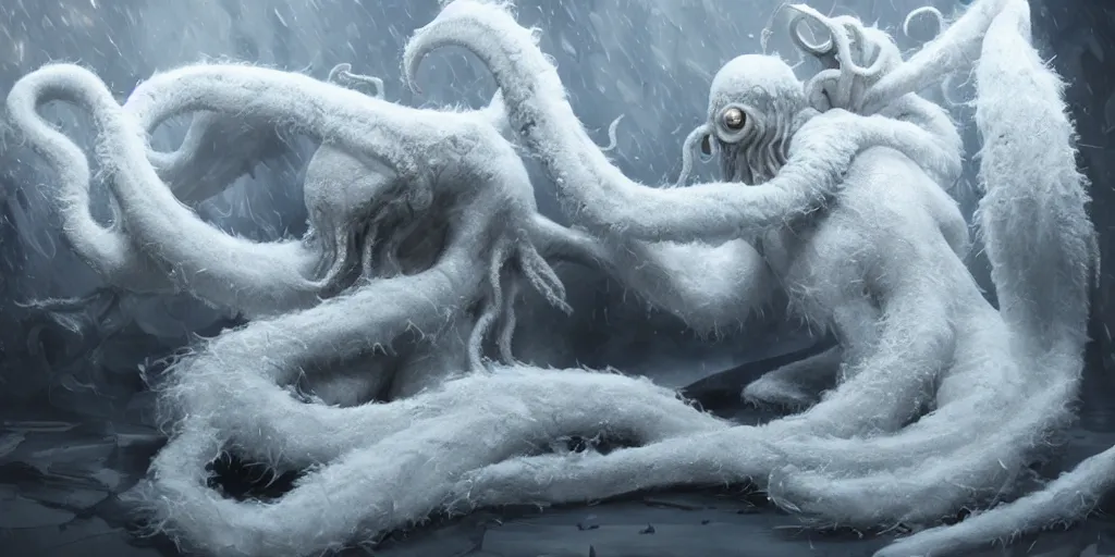 Image similar to a cthulhu in a white room, white fur, cinematic lighting, reflective floor, trending on artstation