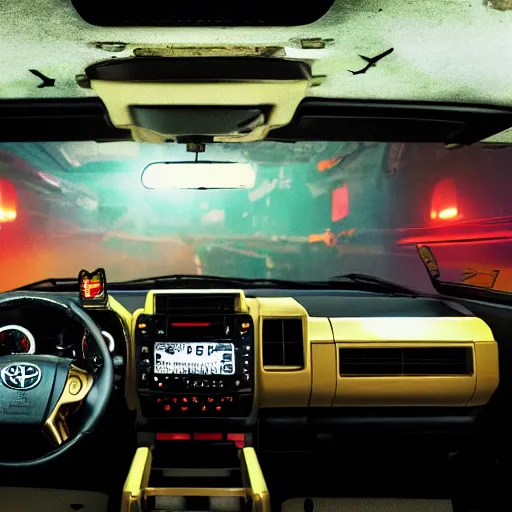 Prompt: toyota tacoma with cassette futurism interior, war games, stanger things, cyberpunk, 4 k, photorealistic, golden hour