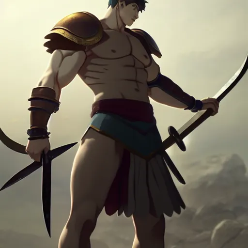 Image similar to strong muscular warrior with a greatsword and wearing plate armor, square masculine facial features, short messy hair, intimidating appearance, 3 d octane render, unreal engine 5, ultra high detail, cel shaded, trending on pixiv fanbox, by greg rutkowski makoto shinkai takashi takeuchi studio ghibli, akihiko yoshida