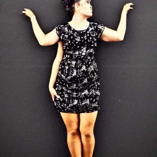 Image similar to a woman in a short black dress standing in front of a wall, pinterest contest winner, maximalism, black background, full body, photo