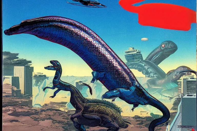 Image similar to 1979 OMNI Magazine Cover depicting An electric eel flying at a dinosaur. Cyberpunk Akira style by Vincent Di Fate