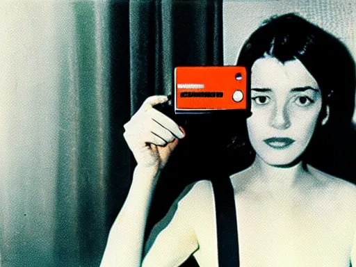 Prompt: beatnik girl holding a Polaroid camera, film still by Jean-Luc Godard, nouvelle vague, color film