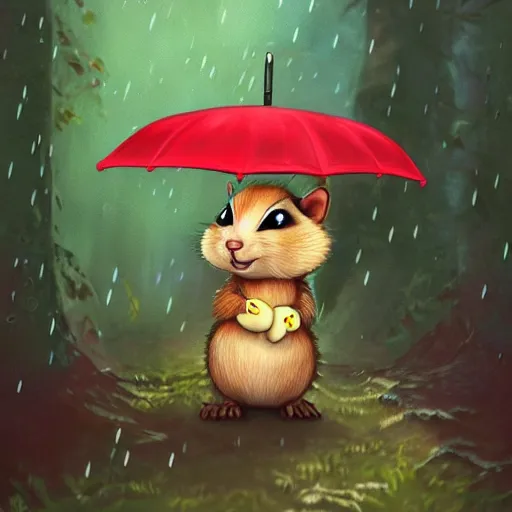 Prompt: an adorable chipmunk holding an umbrella in the rain in a cozy forest setting, fantasy art, digital art, illustration, 8k