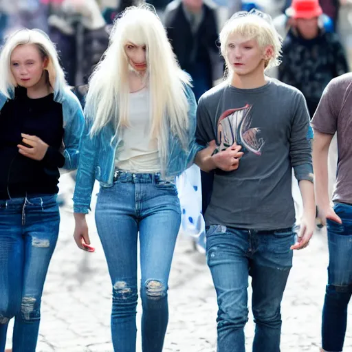 Image similar to aristocratic platinum - blonde - haired hime - cut long hair blue - eyed 1 9 - year - old princess wearing dirty clothes, walking through crowds in czech town