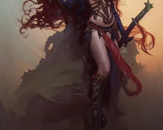 Image similar to changeling who is eclectic and has bushy hair along with a sword, deep focus, d & d, fantasy, intricate, elegant, highly detailed, digital painting, artstation, concept art, matte, sharp focus, illustration, hearthstone, art by artgerm and greg rutkowski and alphonse mucha