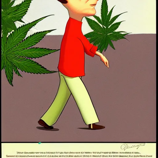 Image similar to Cannabis leaf character goes for a walk. caricature illustrated by Ralph McQuarrie